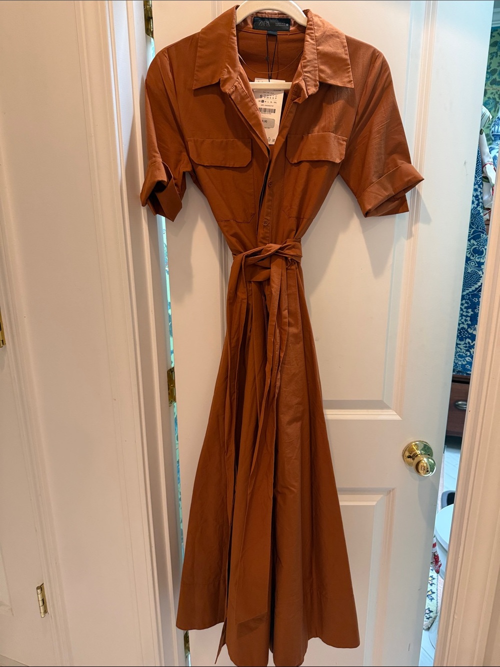 Zara Rust Brown Shirt-Waist Maxi Dress with Tie Belt